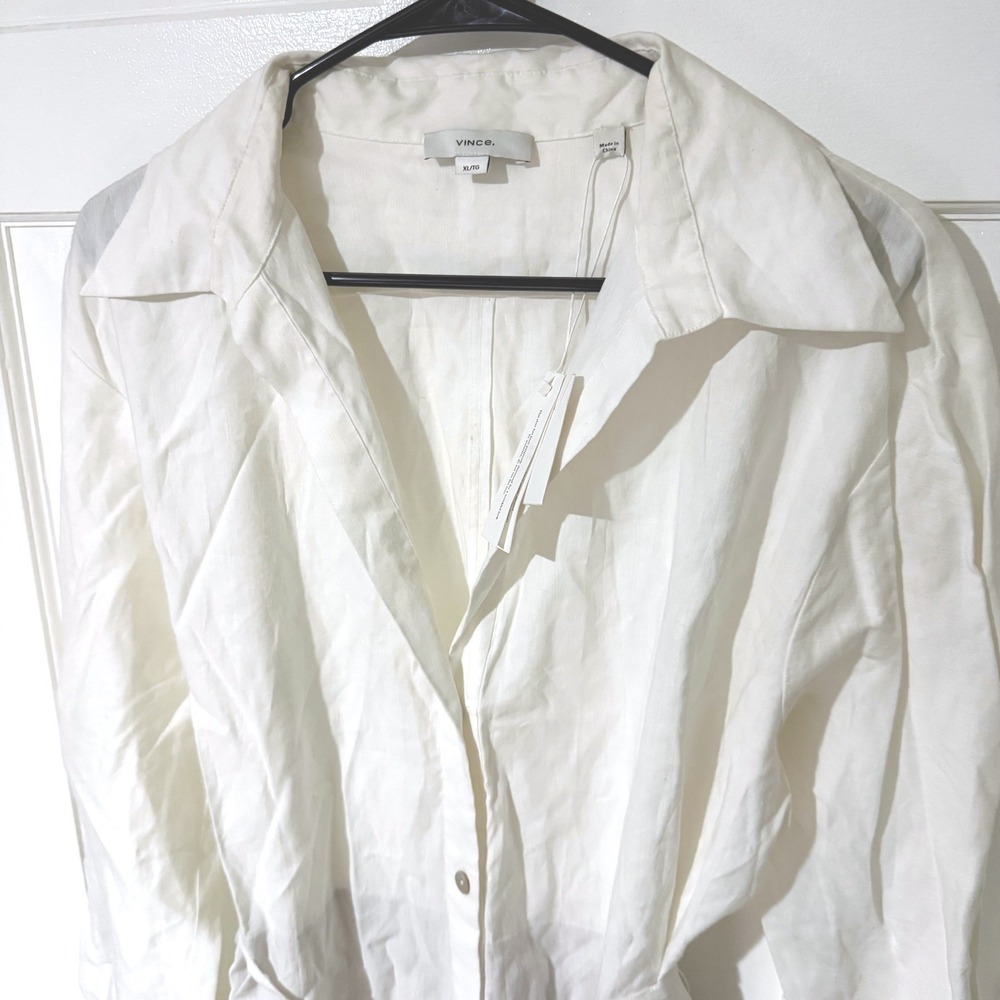 Vince White Linen Blend Belted Button Down Shirt Dress XL NWT - Picture 2 of 9
